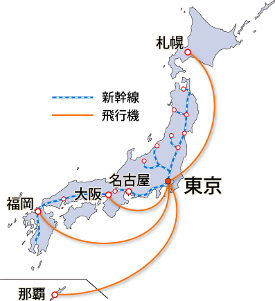 日本主要都市から東京への飛行機・新幹線経路